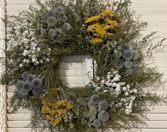 NEW FOR 2024 - Dried flower wreath, spring wreath, sweet annie wreath, globe thistle, country wreath, dried florals, everlasting wreath