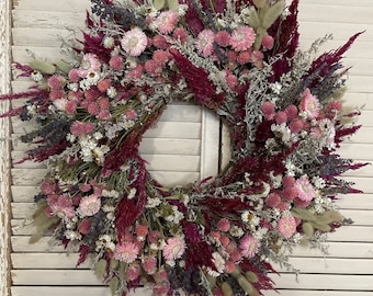 Dried flower wreath, spring wreath, handmade wreath, pink dried flower wreath, pink wreath, boho wreath,  dry wreath, pampas wreath, dried