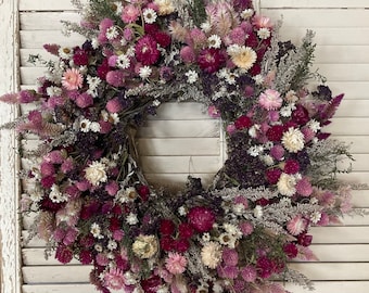 Dried flower wreath, spring wreath, dried spring wreath, pink flower wreath, dried pink wreath, boho wreath, everlasting, dried florals