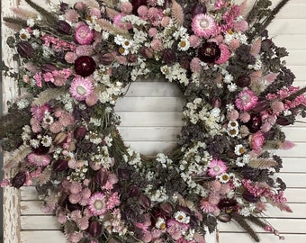 Dried flower wreath, pink wreath, grass wreath, bohemian wreath, everlasting, country wreath, pampas grass wreath, spring wreath