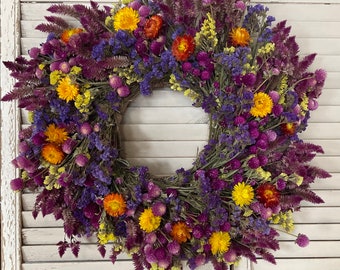 Dried flower wreath, spring wreath, dried florals, handmade, dry wreath, dried flowers, door wreath, wall wreath, dried wall wreath, rustic