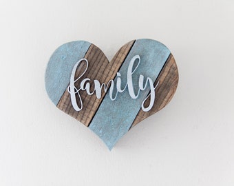 Rustic Home Decor, Wooden Farmhouse Heart, Wood Family Heart, Reclaimed Wood Wall Art, Rustic Heart Wall Decor, Family Sign, Dark and Blue