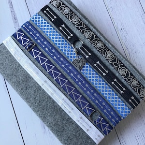 Puede incluir: Una colección de cintas elásticas para la cabeza en varios diseños y colores. Las cintas presentan patrones como flechas, triángulos y motivos florales. La paleta de colores incluye blanco, azul y negro, con detalles plateados. Las cintas se muestran sobre una superficie de fieltro gris.