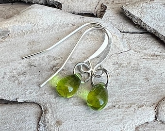 Olive Green Peridot Glass Teardrop Earrings: Sterling Silver or Hypoallergenic Titanium