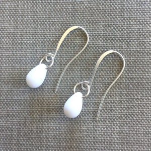 White teardrop Earrings • White glass drop earrings • White Wedding • Petite Pure Titanium earrings, Sterling Silver earrings or threaders