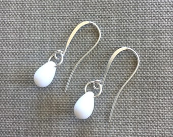 White teardrop earrings, Pure Titanium or Sterling Silver earrings or threaders, White glass drop earrings, Wedding jewelry