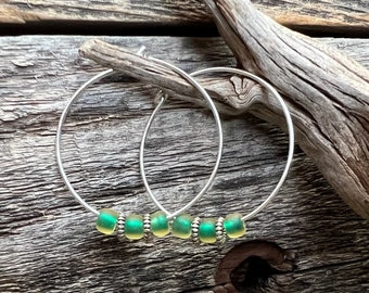 Emerald Green Glass Beaded Sterling Silver Hoop Earrings - 1 inch