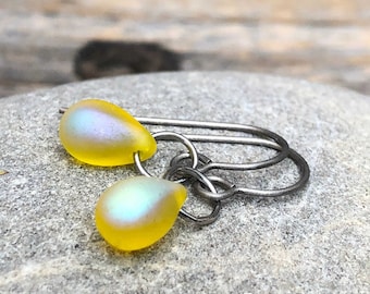 Yellow teardrop earrings • Pure Titanium or Sterling Silver or earrings • Yellow glass drop earrings • Yellow jewelry • Mother's Day Gift