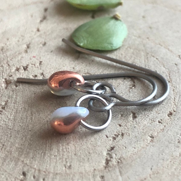 Opal & Copper earrings • Opalite earrings • Opal Silver earrings • Tiny teardrop earrings • Petite glass drop earrings • Titanium earrings