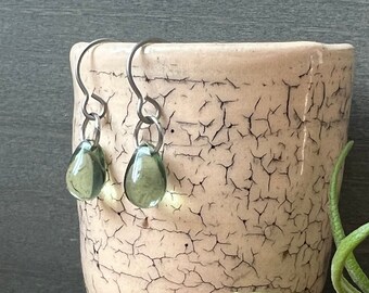 Sage Green Glass Teardrop Earrings: Hypoallergenic Titanium or Sterling Silver