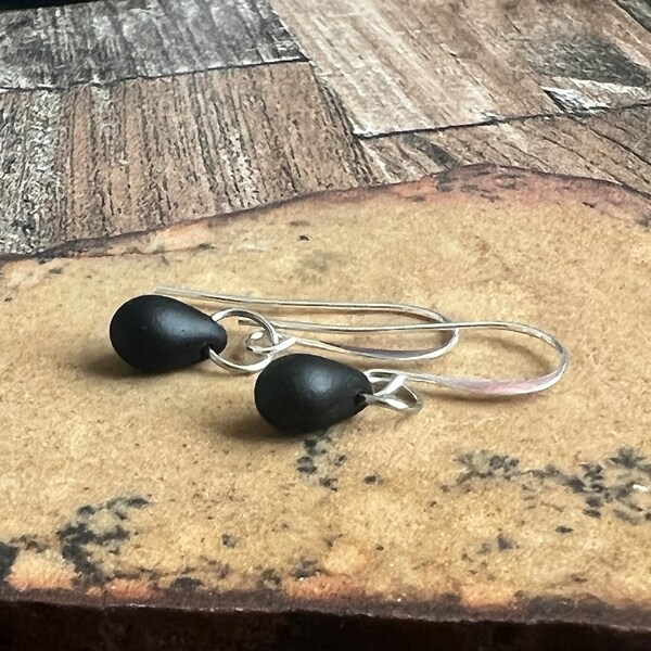 Matte Black teardrop earrings • Pure Titanium or Sterling Silver earrings • Frosted Black glass drop earrings • Classy minimal earrings