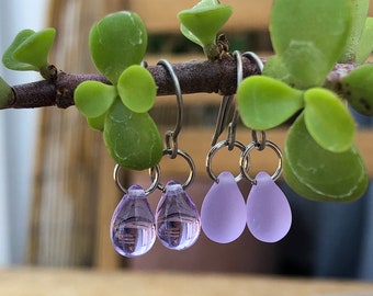 Translucent Lavender or Frosted Lilac glass teardrop earrings, Sterling Silver or Hypoallergenic Pure Titanium earrings for sensitive ears