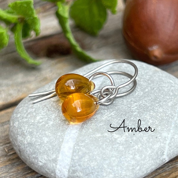 Amber glass teardrop earrings • Topaz drop earrings • Hypoallergenic Pure Titanium or Sterling Silver earrings • November birthday gift