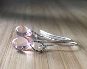 Light Pink Glass Teardrop Earrings: Sterling Silver or Hypoallergenic Titanium
