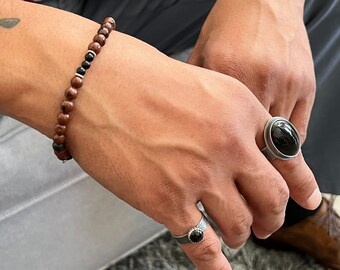 Mahogany Obsidian & Botswana Agate Bracelet: Men's Gemstone Jewelry, Silver Accents