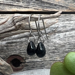 Black glass teardrop earrings, Hypoallergenic Pure Titanium or Sterling Silver earrings, Minimalist jewelry