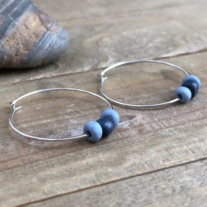 Denim Blue Beaded Sterling Silver Hoop Earrings
