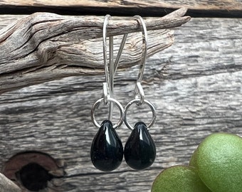 Black glass drop earrings • Sterling Silver or Pure Titanium earrings • Black teardrop earrings • Classy earrings for work or date night