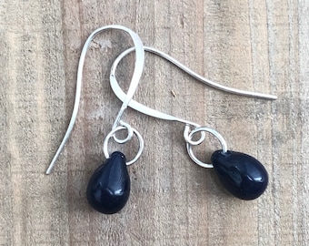 Navy Blue earrings • Deep Blue glass teardrop earrings • Pure Titanium or Sterling Silver earrings • Dark Blue earrings • Gift for Her