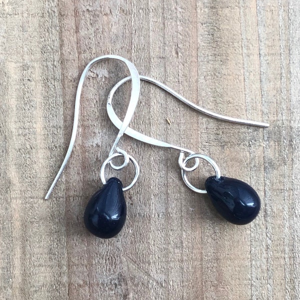 Navy Blue earrings • Deep Blue glass teardrop earrings • Pure Titanium or Sterling Silver earrings • Dark Blue earrings • Gift for Her