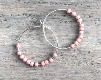 Blush Pink Sterling Silver Hoop Earrings: Minimalist Beaded Hoops - 1 inch