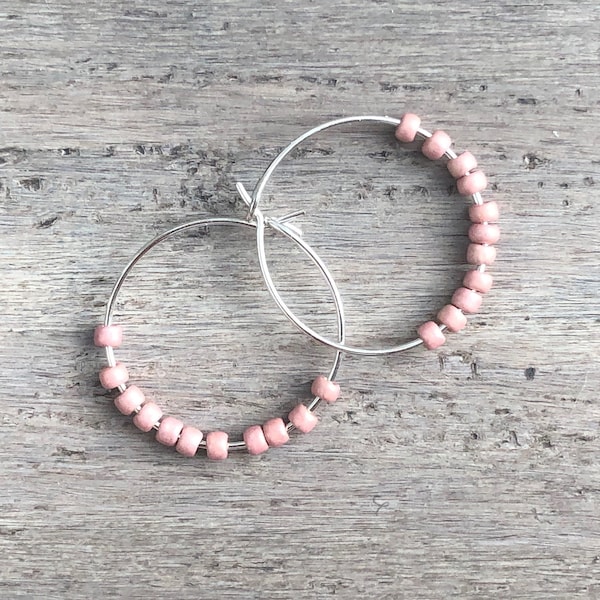 Blush pink earrings • Sterling Silver hoop earrings • Seed bead hoop earrings • Petite hoops • 1 inch hoop earrings • Tiny beaded earrings