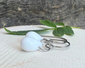 White Glass Teardrop Earrings: Hypoallergenic Titanium or Sterling Silver