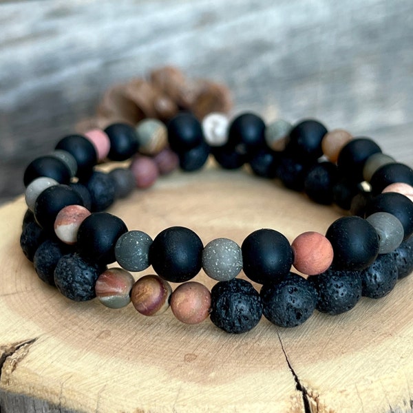 Black Onyx, Picasso Jasper & Lava bead bracelet set for Men or Women • Stacking bracelets • Natural gemstone stretch bracelets Boho jewelry