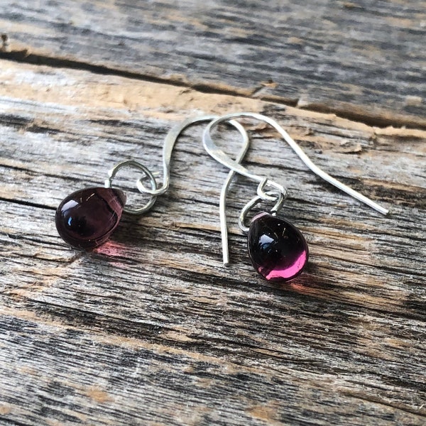 Plum purple earrings • Aubergine glass teardrop earrings • Sterling Silver or Hypoallergenic Pure Titanium earrings • Eggplant earrings