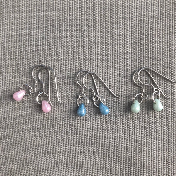 Tiny teardrop Earrings in Pink, Mint Green, or Light Blue • Hypoallergenic Pure Titanium earrings • Minimalist glass drop earrings