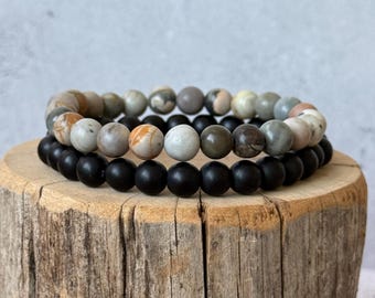 Picasso Jasper Gemstone Beaded Bracelet: Boho Jewelry for Men or Women