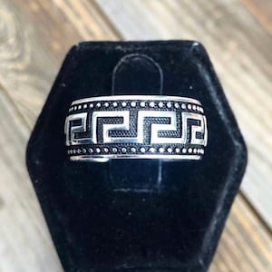 Mens Sterling Silver Greek Key Ring: Black Patina Wide Band, Size 9