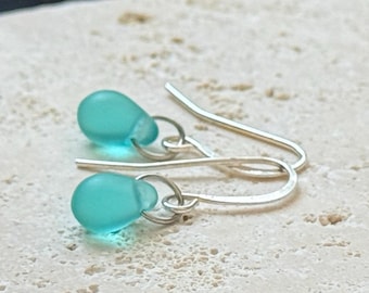 Blue green sea glass Sterling Silver or Hypoallergenic Titanium teardrop earrings