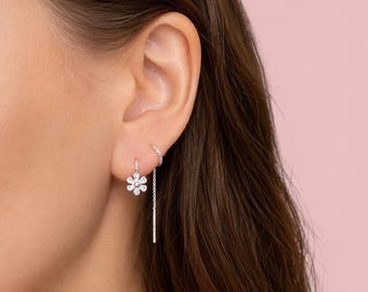 Daisy Flower threader earrings, Sterling Silver jewelry