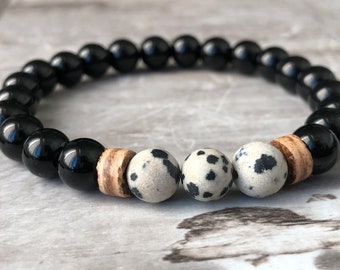 Dalmatian Jasper, Onyx & Coconut Wood Beaded Bracelet