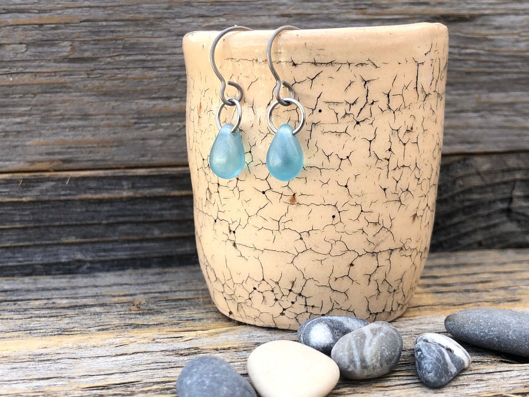 Powder Blue Drop Frosted Blue Glass Drop Earrings Light Sky Blue Teardrop Earrings Pure ...