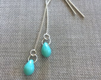 Turquoise Glass Teardrop Earrings: Sterling Silver Ear Threaders