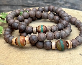Tibetan Agate & brown wood beaded bracelet for Men or Women, Positive Energy jewelry