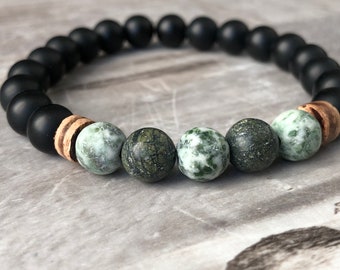 Black Onyx, Jade, and Tree Agate Bracelet for Men or Women, Healing Jewelry