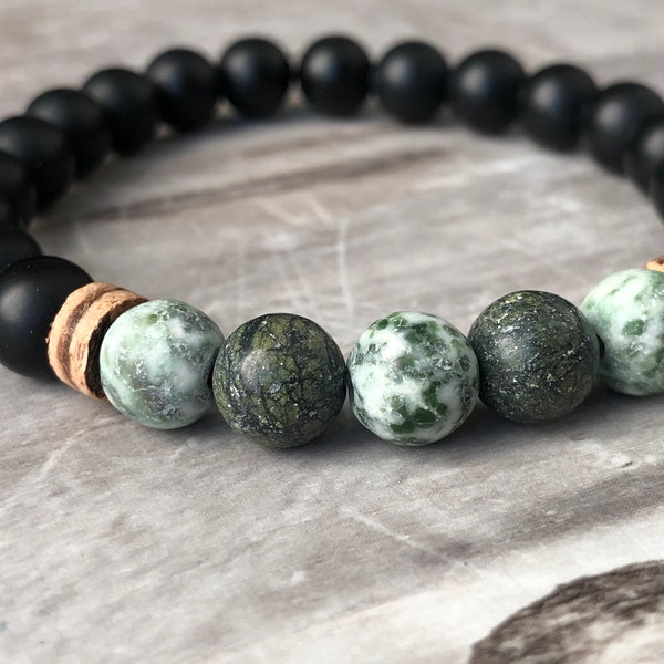 Mens bracelet set • Black Onyx, Jade & Tree Agate bracelet • Mens beaded bracelet • Green and Black Natural Gemstone Stacking bracelets