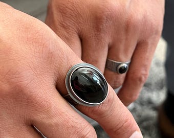 Men's Onyx Ring: Sterling Silver handmade wide textured band