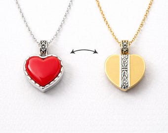 Reversible Silver & Gold Red Heart Necklace, Mother's Day or Anniversary Gift for Her