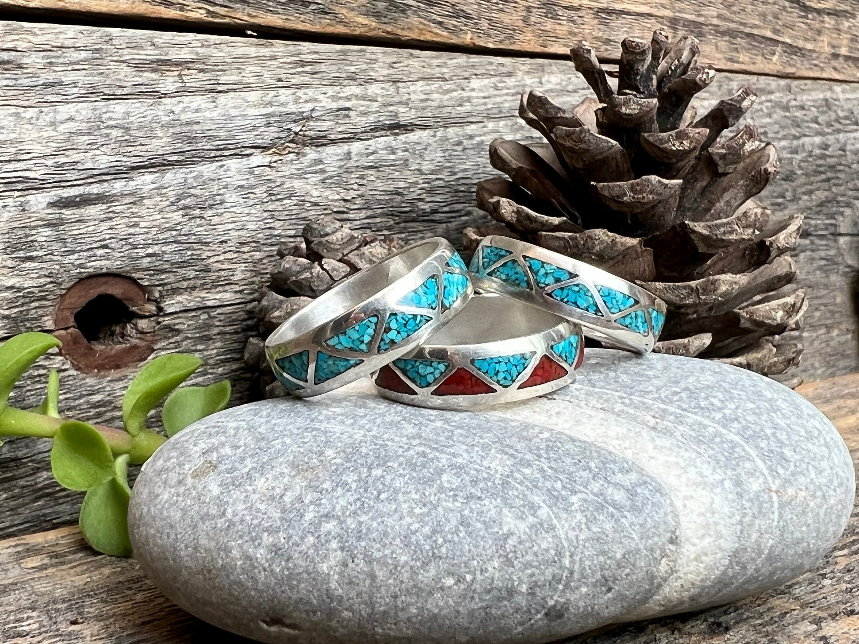Vintage Navajo Turquoise Inlay Rings • Native American Vintage Navajo Turquoise Inlay Rings • Native American