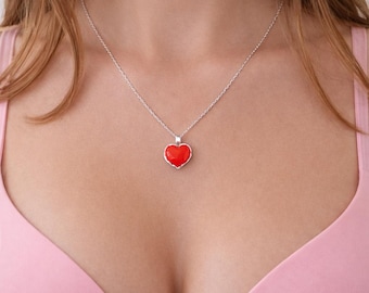 Red Heart reversible Necklace, Handmade Sterling Silver & 14K GF