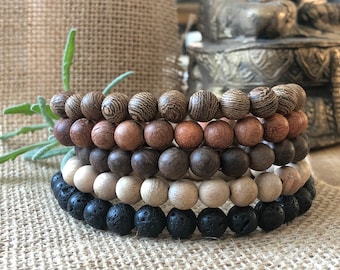 Wood beaded bracelets for Men or Women • Stacking bracelets • Natural Wood bracelet set • Boho stretch Bracelets • Mala bead bracelet stack