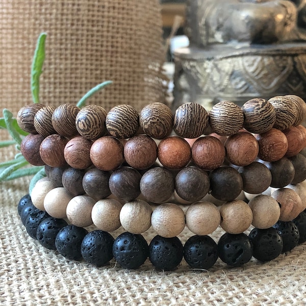 Wood Beaded Bracelet Set: Stacking Boho Bracelets for Men or Women