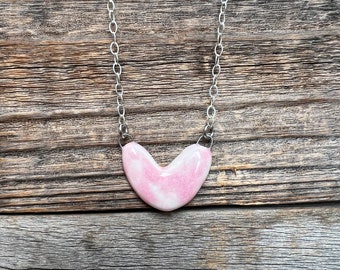 Porcelain Heart Sterling Silver Necklace: Pink & White, or Pale Blue, Romantic Gift