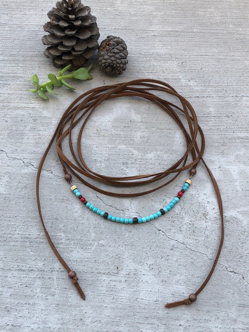 Copper /& Wood Bohemian necklace wear it as a choker or waist jewelry Extra Long vegan leather wrap necklace \u2022 Turquoise red bamboo Coral