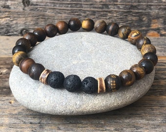 Matte Tiger's Eye & Lava Rock Bracelet Set: Men's Spiritual Jewelry