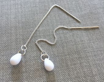 White Glass Teardrop Earrings: Sterling Silver Chain Threaders